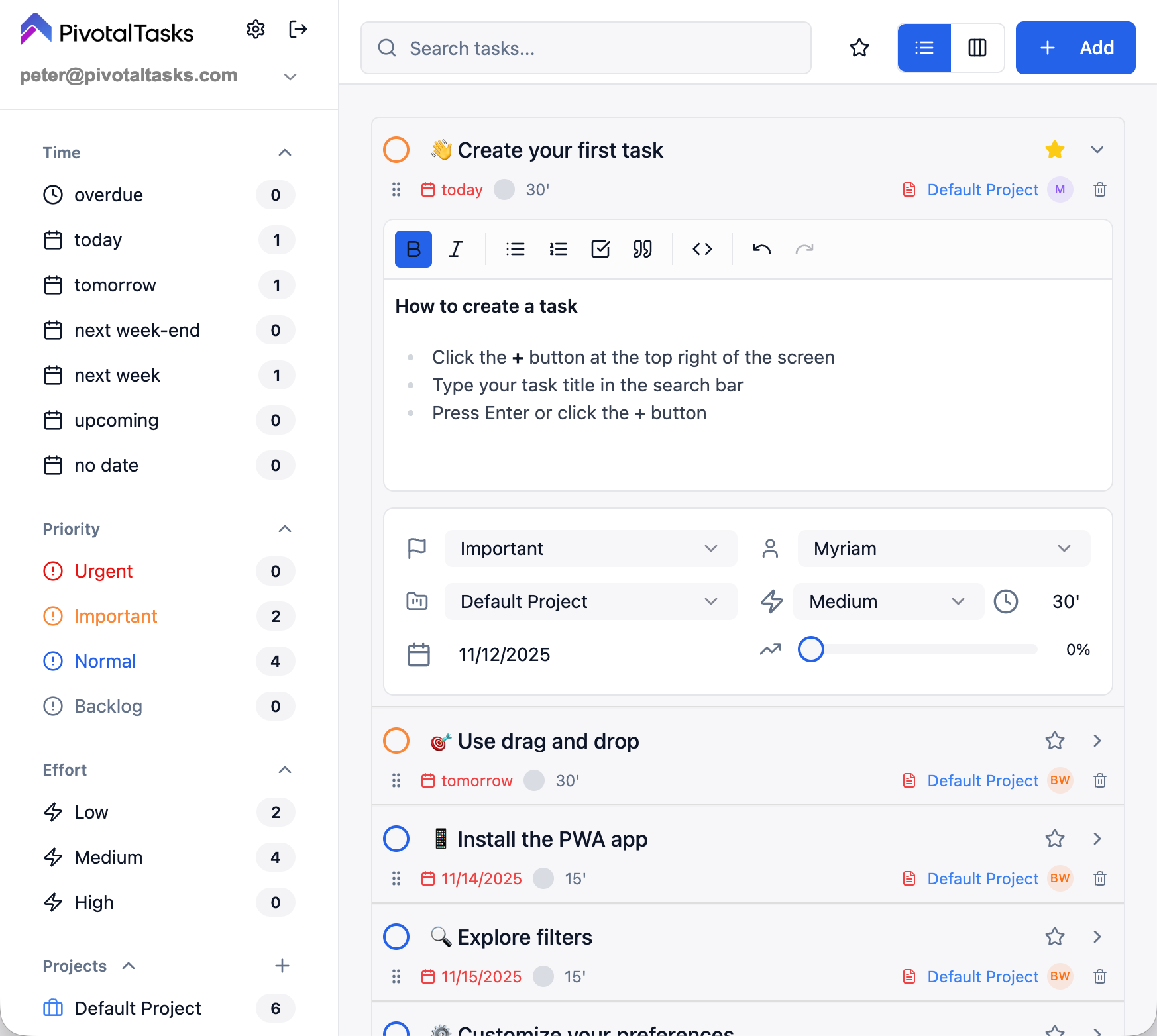 Pivotal Tasks application interface — task manager dashboard